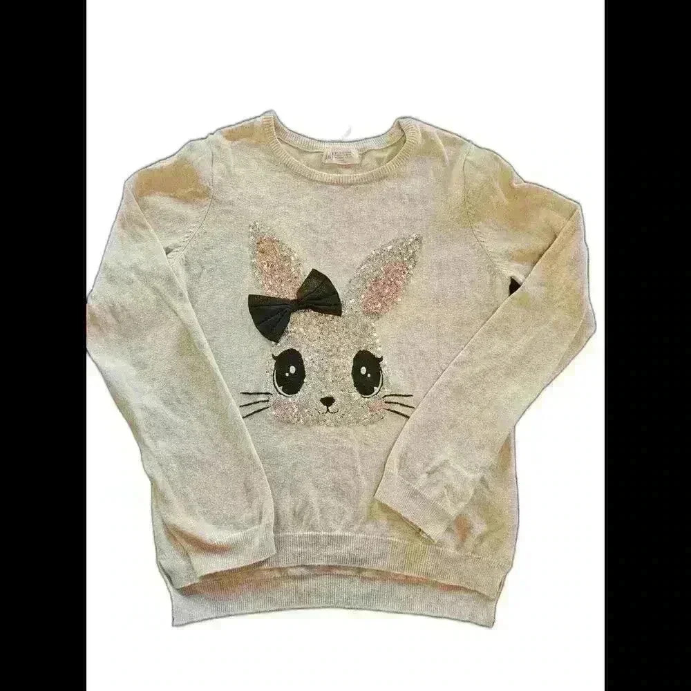 Adorable Rabbit Graphic Sweater with Sequins and Bow